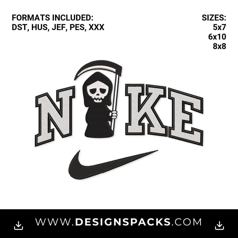 Grim Reaper Nike Swoosh Logo Embroidery Design - Instant digital download pattern at Designspacks.com