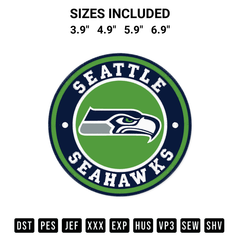 Stitch like a pro with the Seattle Seahawks Circle Logo Embroidery Design embroidery pattern from Designspacks.com. High-quality digital machine embroidery file. Available sizes: 3.9", 4.9", 5.9", 6.9".