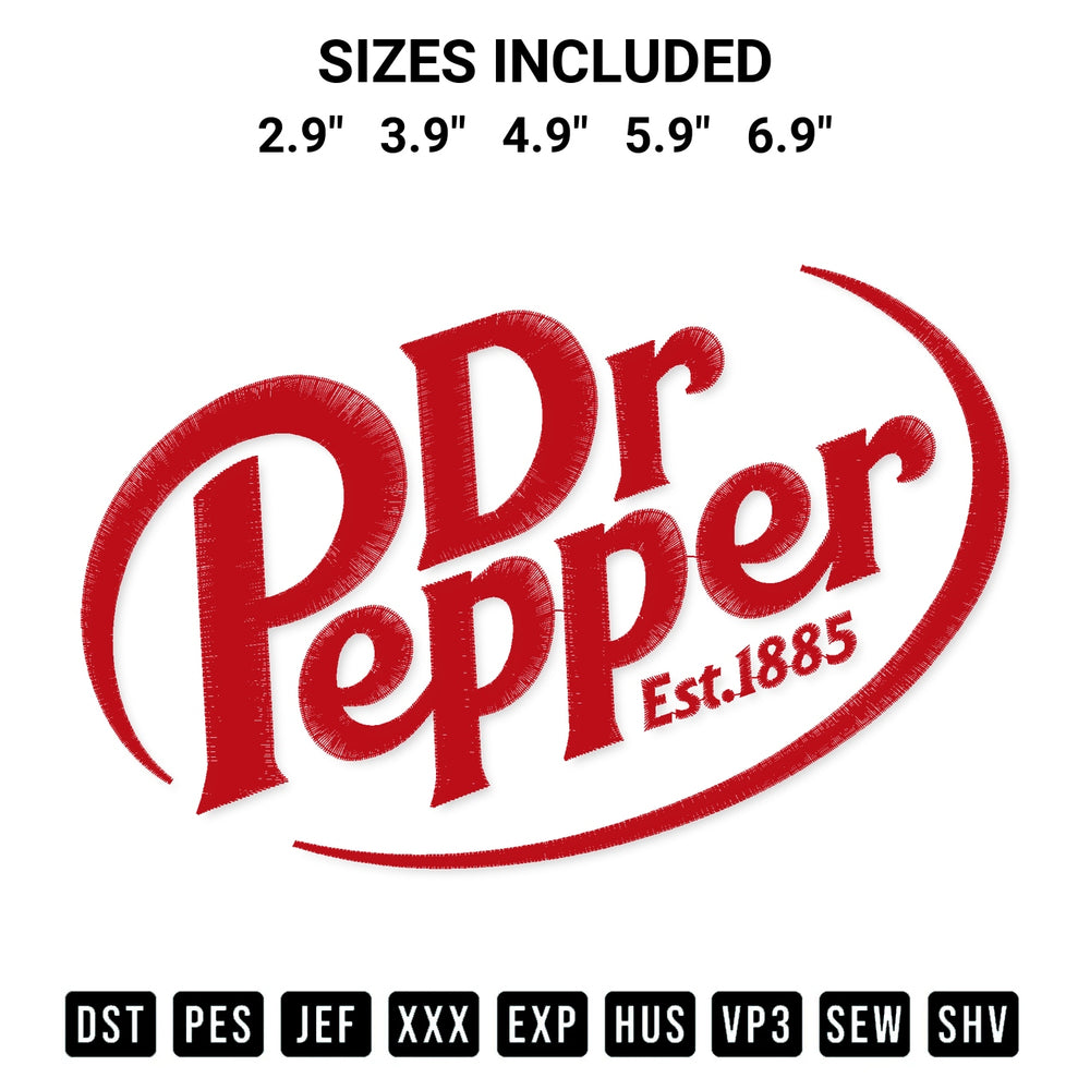 Elevate your next project with our Dr Pepper Logo Embroidery Design embroidery file. Shop high-quality digital patterns instantly at Designspacks.com. Available sizes: 2.9", 3.9", 4.9", 5.9", 6.9".