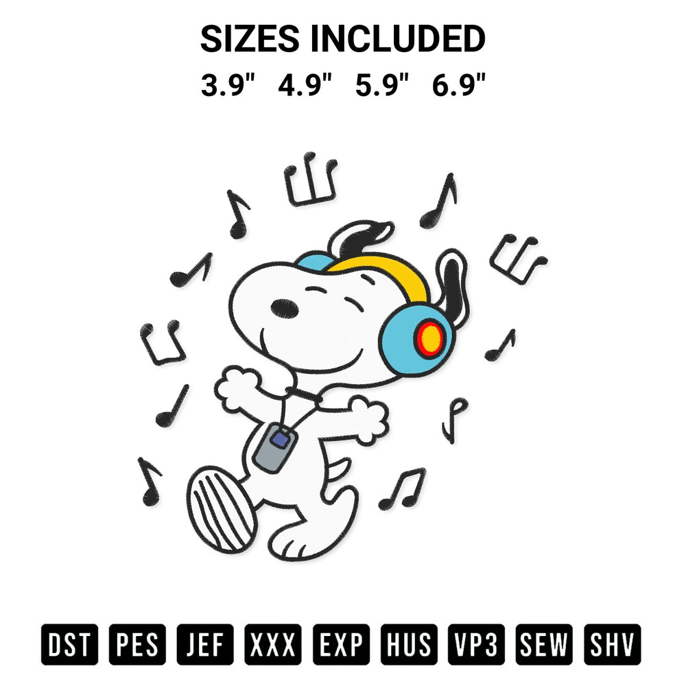 Add a unique touch to your apparel with the Snoopy Dancing To Music Embroidery Design embroidery file. Premium instant download available now on Designspacks.com. Available sizes: 3.9", 4.9", 5.9", 6.9".