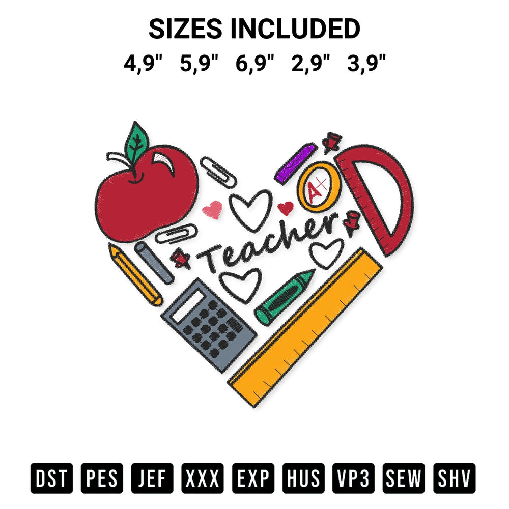 Add a unique touch to your apparel with the Teacherteacher Heart Teacher Appreciation Teacher Icon Logo Embroidery Design embroidery file. Premium instant download available now on Designspacks.com. Available sizes: 4,9", 5,9", 6,9", 2,9", 3,9".