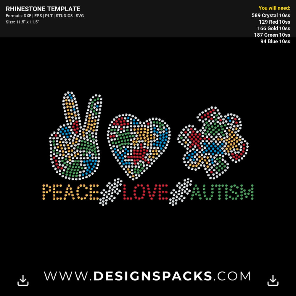Peace Love Autism Rhinestone Digital Template