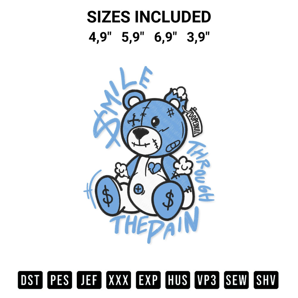 Transform your fabrics with the Bear Smile Through The Pain Jordan 1 Jordan Outfit Logo Embroidery Design embroidery design. Instant access to premium digitized patterns at Designspacks.com. Available sizes: 4,9", 5,9", 6,9", 3,9".