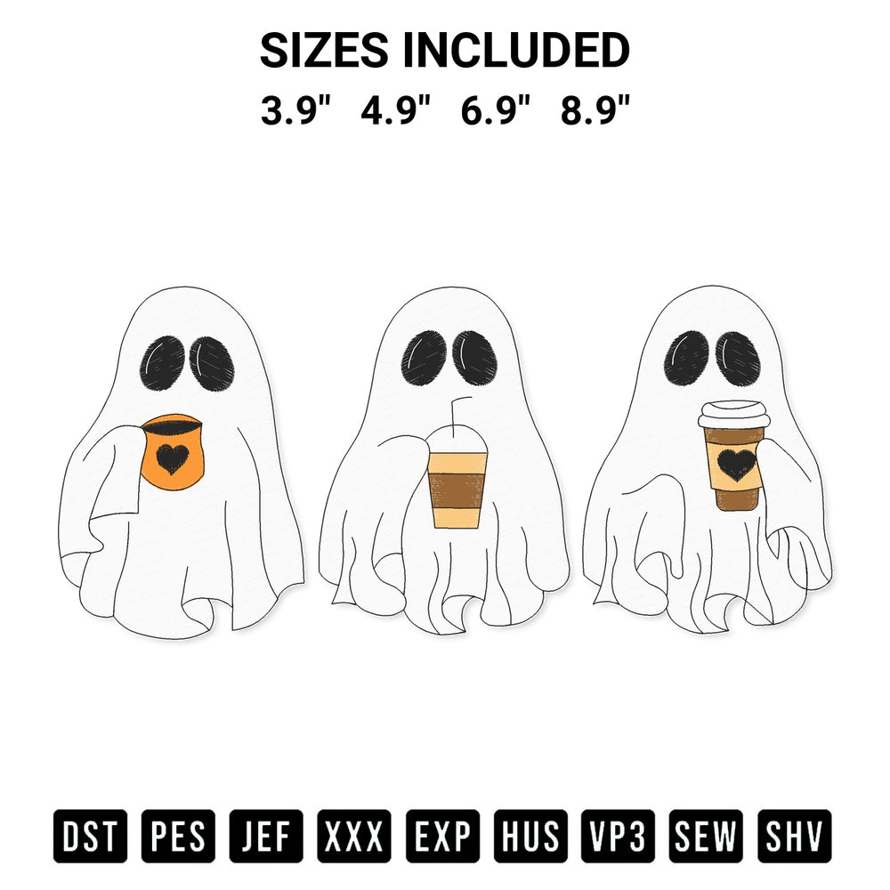 Transform your fabrics with the Ghosts Drink Coffee Print Embroidery Design embroidery design. Instant access to premium digitized patterns at Designspacks.com. Available sizes: 3.9", 4.9", 6.9", 8.9".