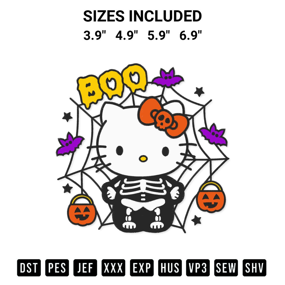 Add a unique touch to your apparel with the Boo Hello Kitty Skeleton Embroidery Design embroidery file. Premium instant download available now on Designspacks.com. Available sizes: 3.9", 4.9", 5.9", 6.9".