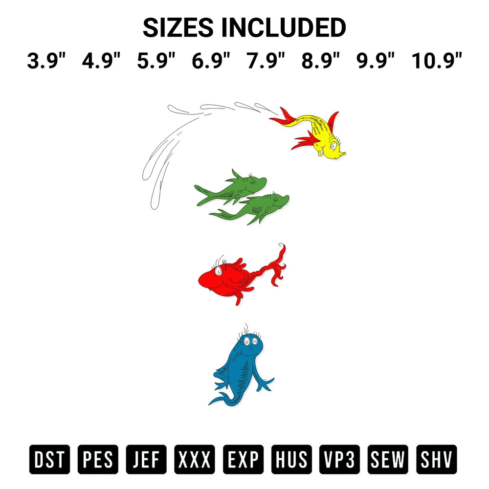 Shop the Dr Seuss One Fish Two Fish Red Fish Blue Fish Embroidery Design machine embroidery pattern at Designspacks.com. Beautifully digitized for flawless stitching on any fabric. Available sizes: 3.9", 4.9", 5.9", 6.9", 7.9", 8.9", 9.9", 10.9".