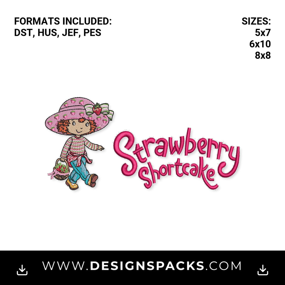 Strawberry Shortcake Character with Text Embroidery Design - Instant digital download pattern at Designspacks.com