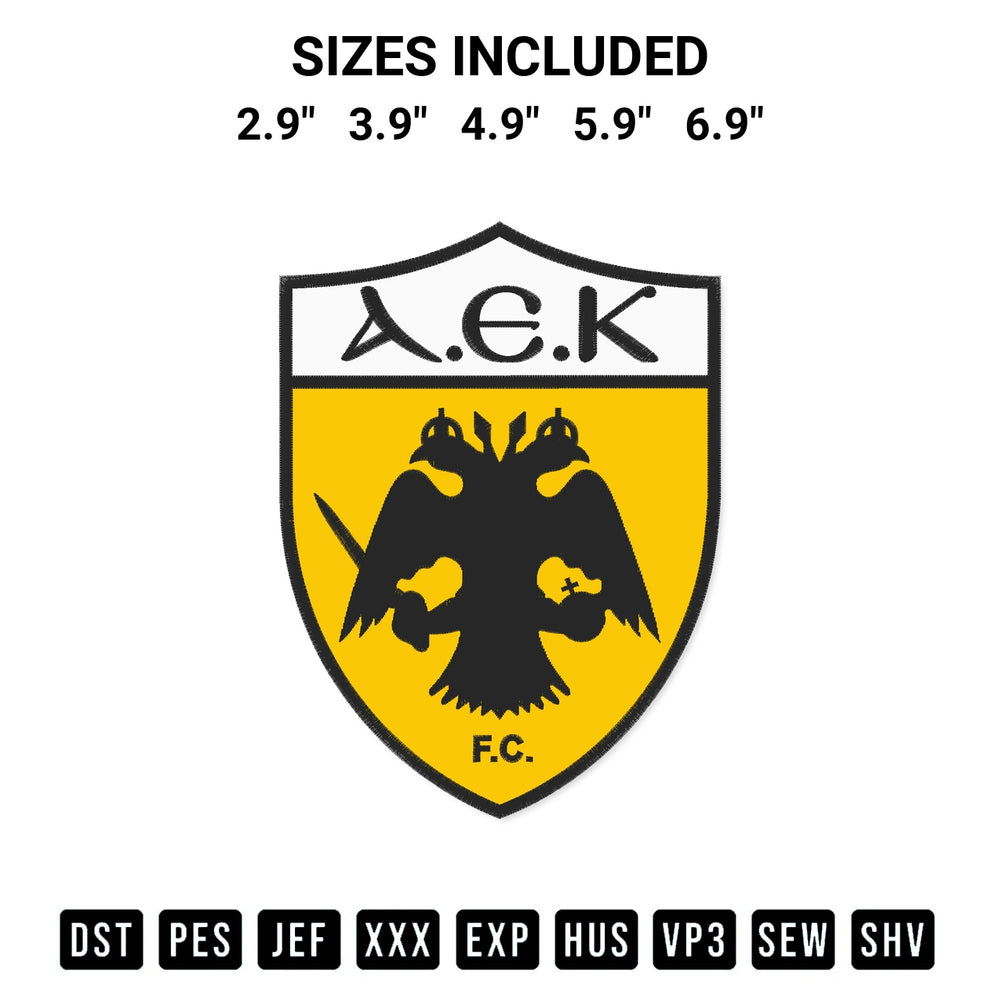 Transform your fabrics with the Fc Aek Athens Logo Embroidery Design embroidery design. Instant access to premium digitized patterns at Designspacks.com. Available sizes: 2.9", 3.9", 4.9", 5.9", 6.9".