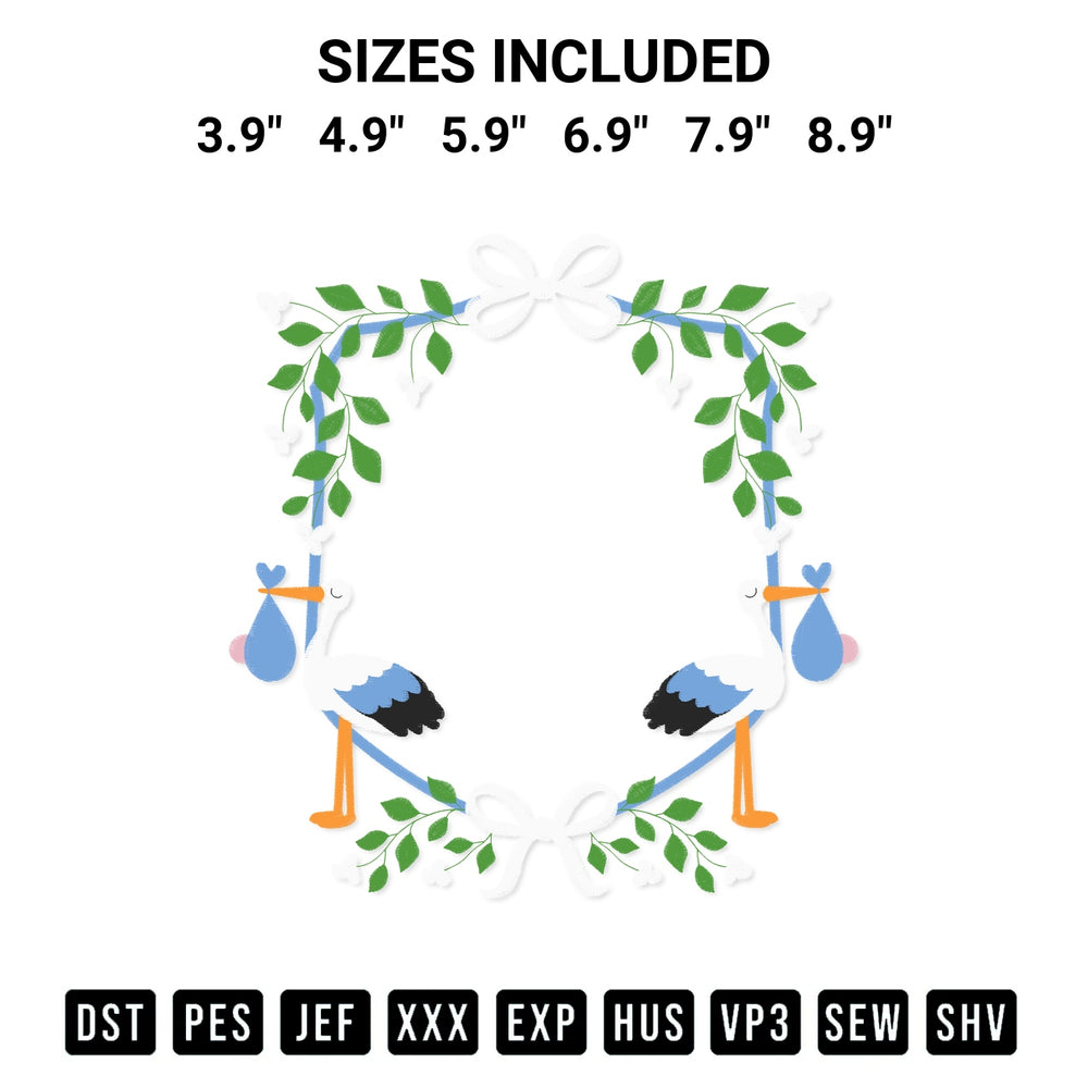 Shop the Stork And Baby Frame Embroidery Design machine embroidery pattern at Designspacks.com. Beautifully digitized for flawless stitching on any fabric. Available sizes: 3.9", 4.9", 5.9", 6.9", 7.9", 8.9".