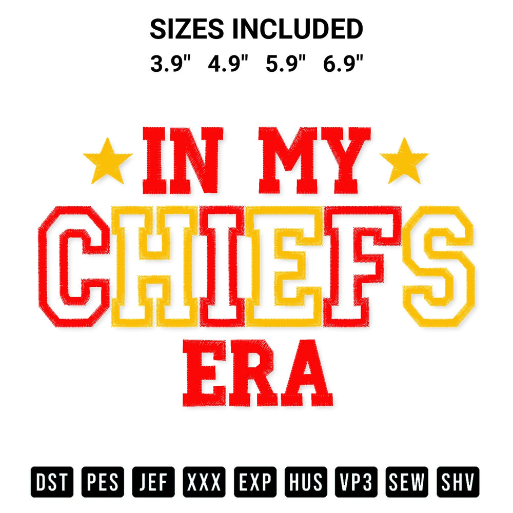 Elevate your next project with our Taylor In My Chiefs Era Embroidery Design embroidery file. Shop high-quality digital patterns instantly at Designspacks.com. Available sizes: 3.9", 4.9", 5.9", 6.9".