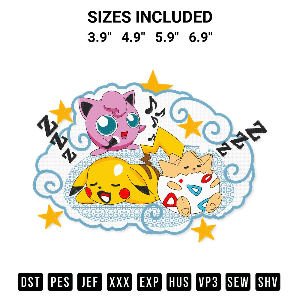 Elevate your next project with our Sleeping Pikachu Togepi Purin Embroidery Design embroidery file. Shop high-quality digital patterns instantly at Designspacks.com. Available sizes: 3.9", 4.9", 5.9", 6.9".