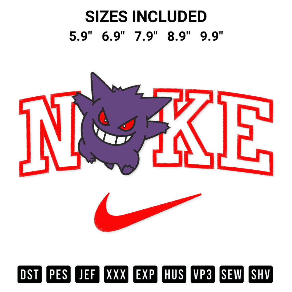 Get the Nike Gengar Embroidery Design embroidery design for your custom crafts! Premium digitized files available for instant download at Designspacks.com. Available sizes: 5.9", 6.9", 7.9", 8.9", 9.9".