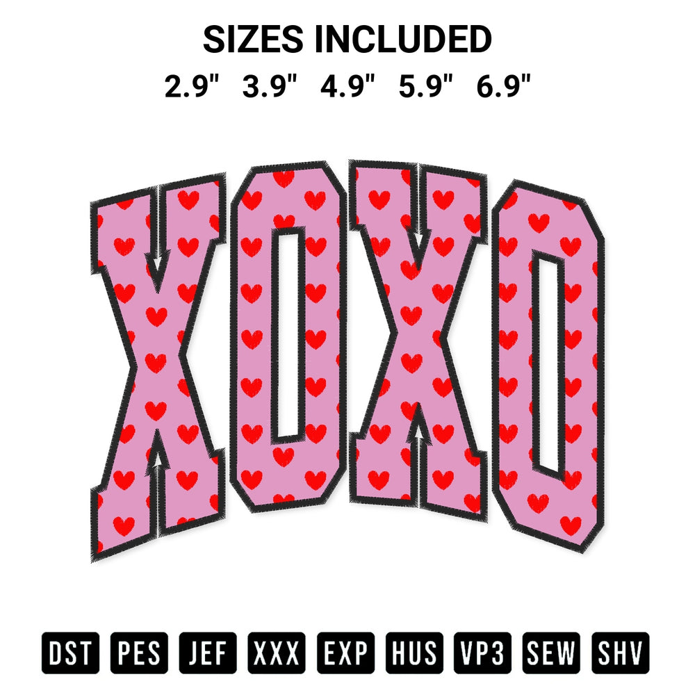 Download the Xoxo Valentines Embroidery Design machine embroidery design exclusively at Designspacks.com. Premium digitized pattern for apparel and DIY crafts. Available sizes: 2.9", 3.9", 4.9", 5.9", 6.9".
