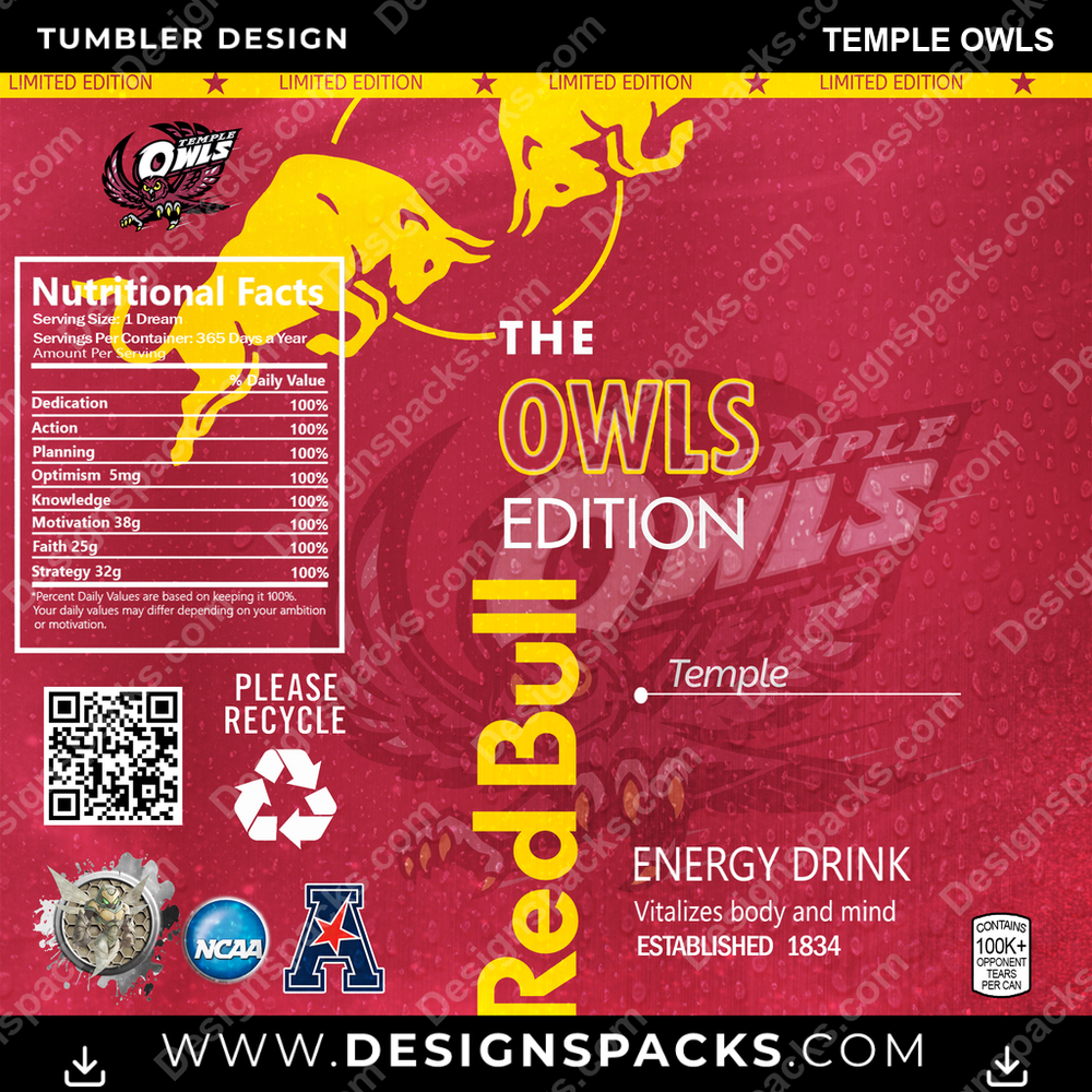 College Sport Red Bull Temple Owls NCAA College Sport Tumbler Digital Wrap Design Download