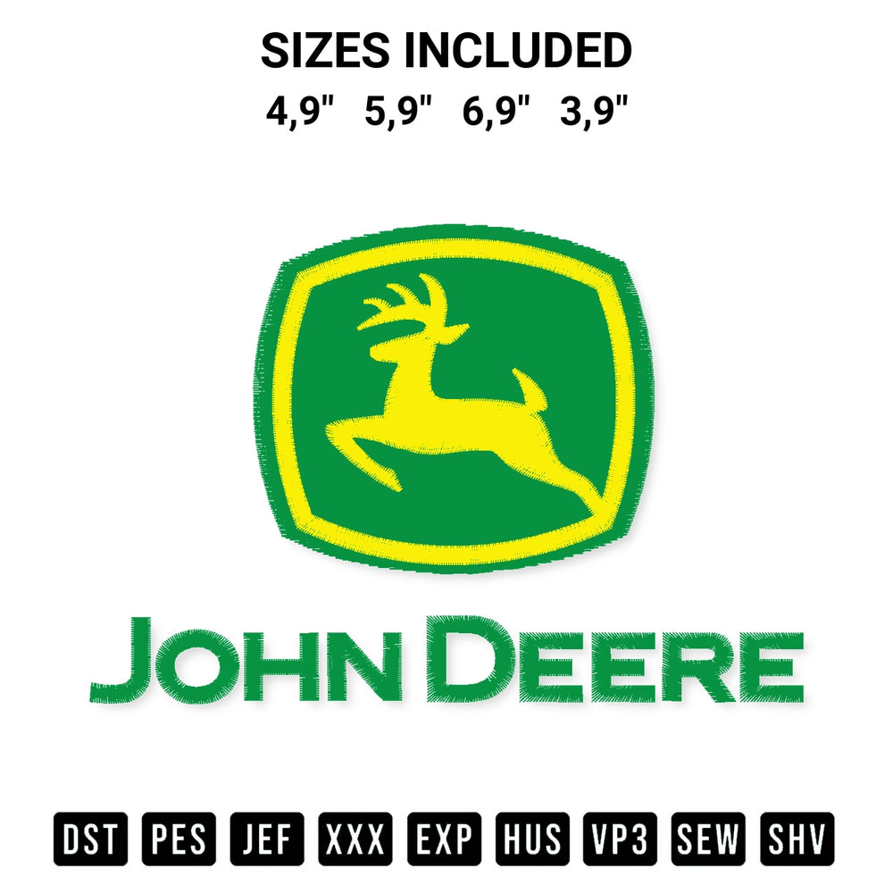 Discover the perfect addition to your crafting collection: John Deere Logo Embroidery Design embroidery file. Instantly available at Designspacks.com. Available sizes: 4,9", 5,9", 6,9", 3,9".