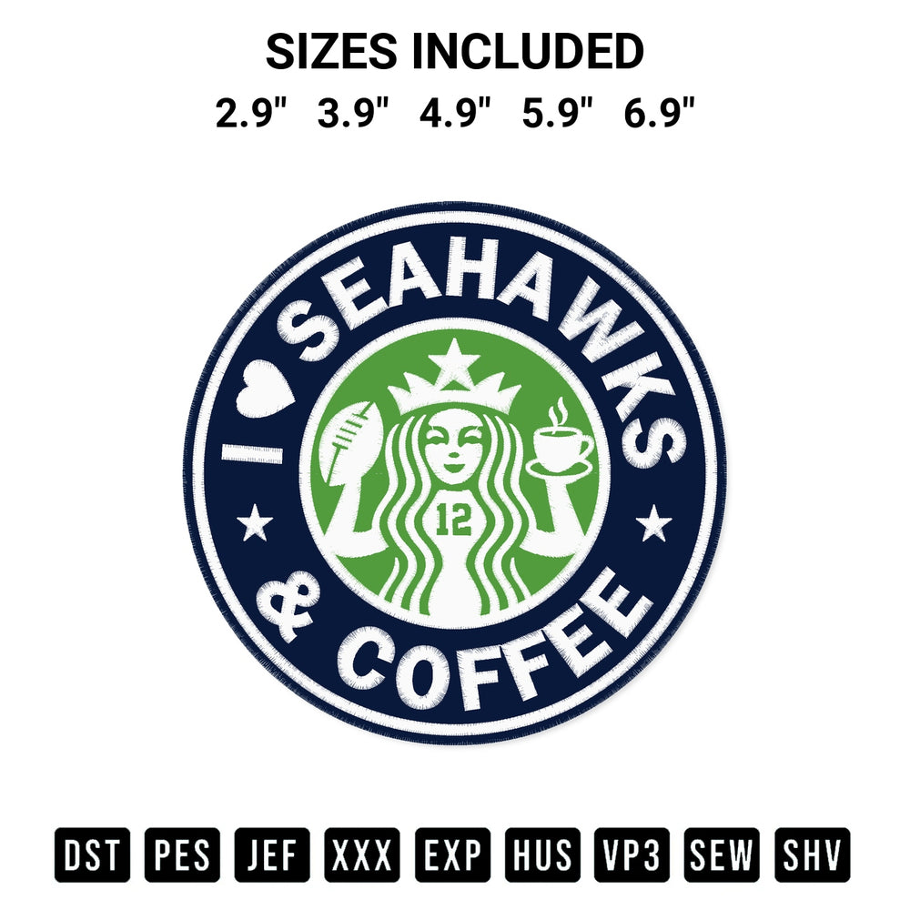 Get the I Love Seahawks And Coffee Logo Embroidery Design embroidery design for your custom crafts! Premium digitized files available for instant download at Designspacks.com. Available sizes: 2.9", 3.9", 4.9", 5.9", 6.9".