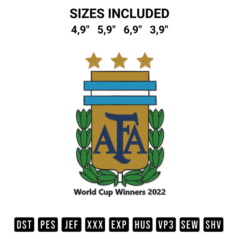 Shop the Argentina World Cup Winners 2022 Afa Football Gift Trending Embroidery Design machine embroidery pattern at Designspacks.com. Beautifully digitized for flawless stitching on any fabric. Available sizes: 4,9", 5,9", 6,9", 3,9".