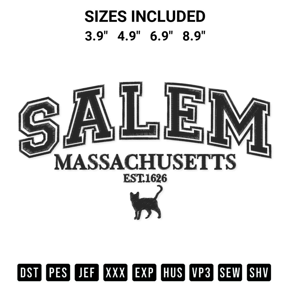 Elevate your next project with our Salem Massachusetts 1626 Embroidery Design embroidery file. Shop high-quality digital patterns instantly at Designspacks.com. Available sizes: 3.9", 4.9", 6.9", 8.9".