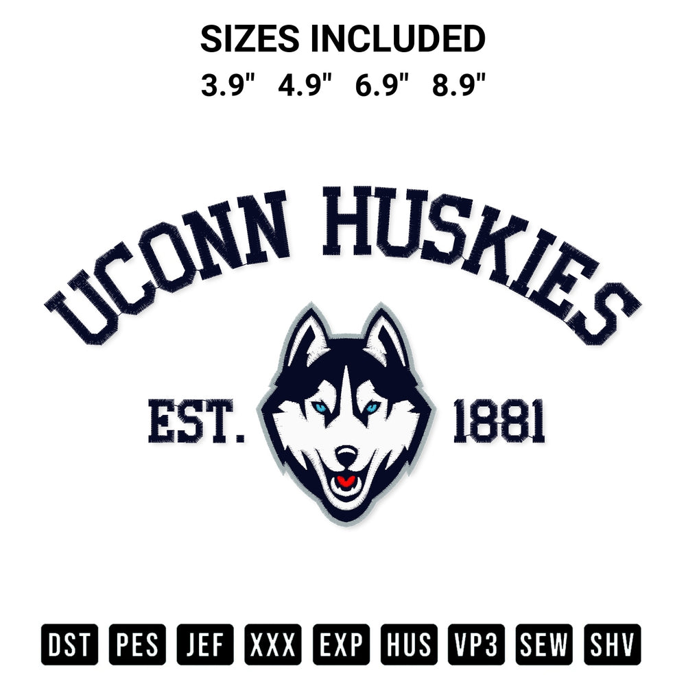 Elevate your next project with our Uconn Huskies Est 1881 Embroidery Design embroidery file. Shop high-quality digital patterns instantly at Designspacks.com. Available sizes: 3.9", 4.9", 6.9", 8.9".