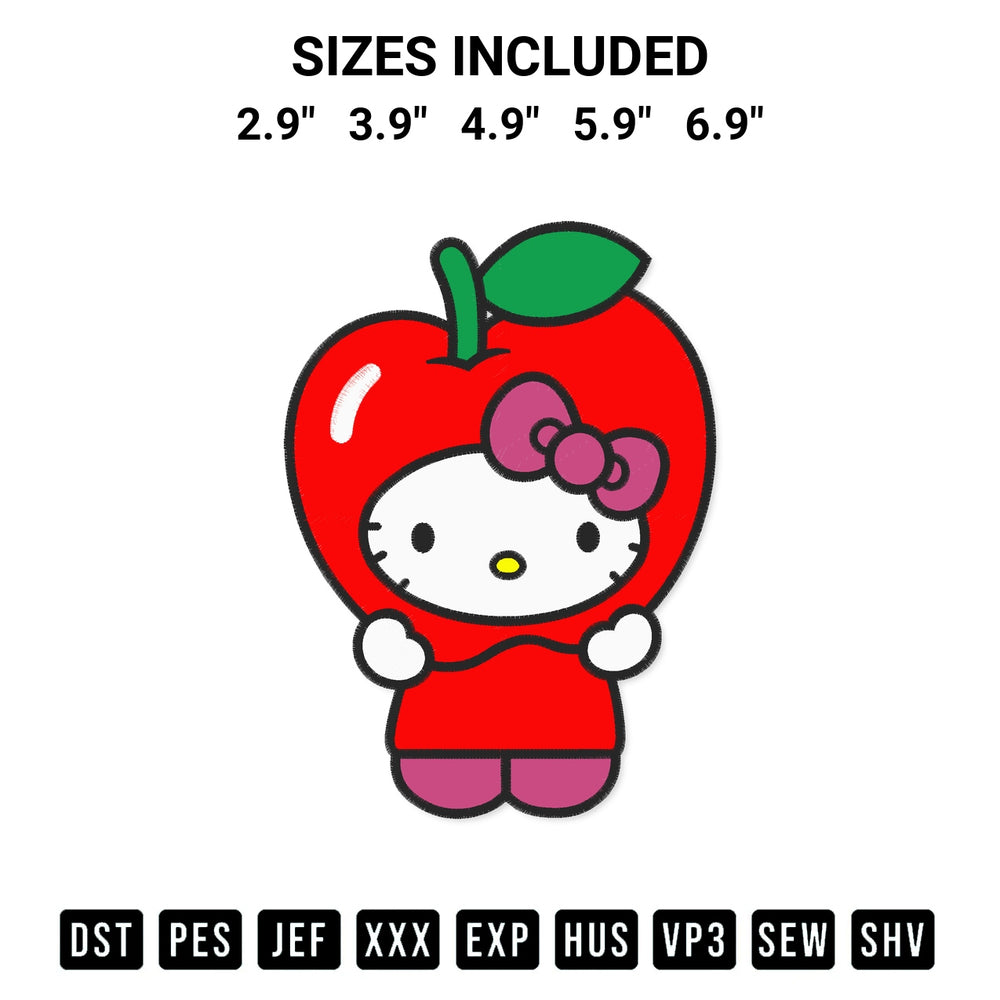 Stitch like a pro with the Hello Kitty Apple Embroidery Design embroidery pattern from Designspacks.com. High-quality digital machine embroidery file. Available sizes: 2.9", 3.9", 4.9", 5.9", 6.9".