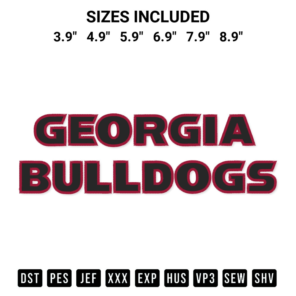 Discover the perfect addition to your crafting collection: Georgia Bulldogs Wordmark Embroidery Design embroidery file. Instantly available at Designspacks.com. Available sizes: 3.9", 4.9", 5.9", 6.9", 7.9", 8.9".