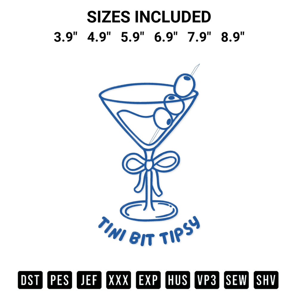 Discover the perfect addition to your crafting collection: Tini Bit Tipsy Embroidery Design embroidery file. Instantly available at Designspacks.com. Available sizes: 3.9", 4.9", 5.9", 6.9", 7.9", 8.9".