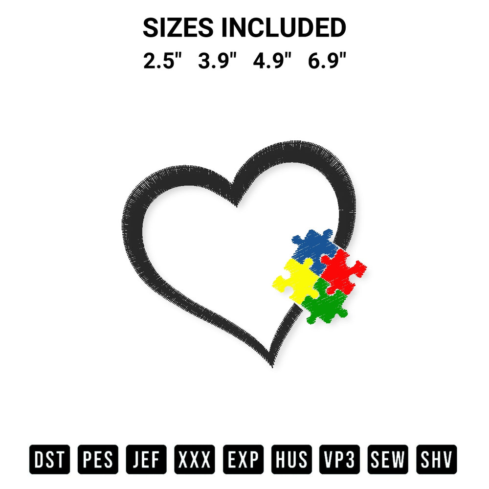 Shop the Puzzle Autism Heart Embroidery Design machine embroidery pattern at Designspacks.com. Beautifully digitized for flawless stitching on any fabric. Available sizes: 2.5", 3.9", 4.9", 6.9".