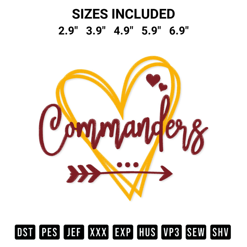 Elevate your next project with our Washington Commanders Heart Embroidery Design embroidery file. Shop high-quality digital patterns instantly at Designspacks.com. Available sizes: 2.9", 3.9", 4.9", 5.9", 6.9".