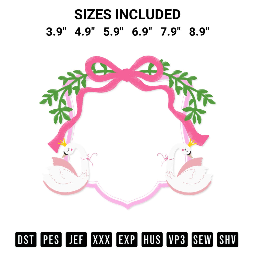 Get the Royal Swan Bow Wreath Crest Frame Banner Embroidery Design embroidery design for your custom crafts! Premium digitized files available for instant download at Designspacks.com. Available sizes: 3.9", 4.9", 5.9", 6.9", 7.9", 8.9".