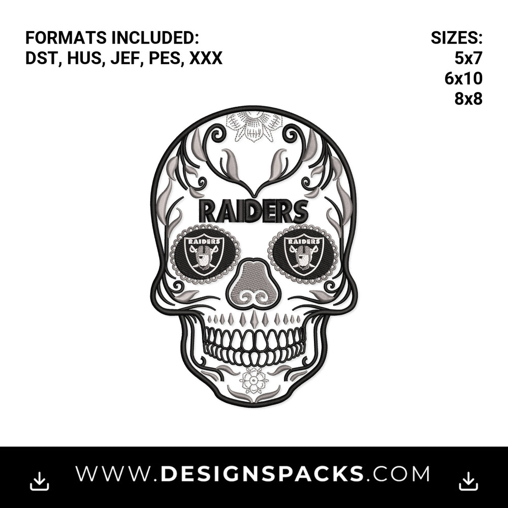 Raiders Day of the Dead Sugar Skull Embroidery Design - Instant digital download pattern at Designspacks.com