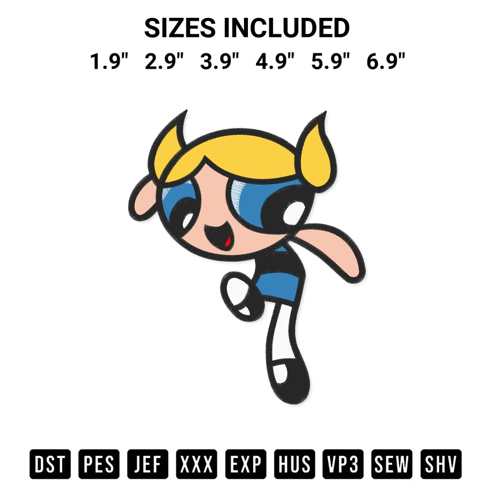 Add a unique touch to your apparel with the Powerpuff Girls Bubbles Embroidery Design embroidery file. Premium instant download available now on Designspacks.com. Available sizes: 1.9", 2.9", 3.9", 4.9", 5.9", 6.9".