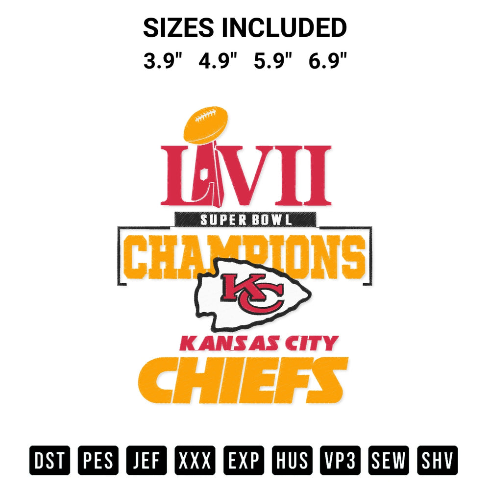 Discover the perfect addition to your crafting collection: Super Bowl Lvii Champions 2023 Kansas City Chiefs 2023 Embroidery Design embroidery file. Instantly available at Designspacks.com. Available sizes: 3.9", 4.9", 5.9", 6.9".