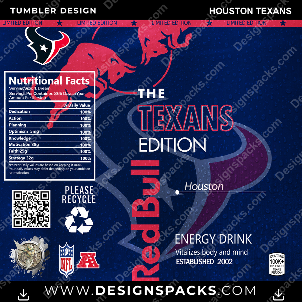 Football Red Bull Houston Texans NFL Football Tumbler Digital Wrap Design Download