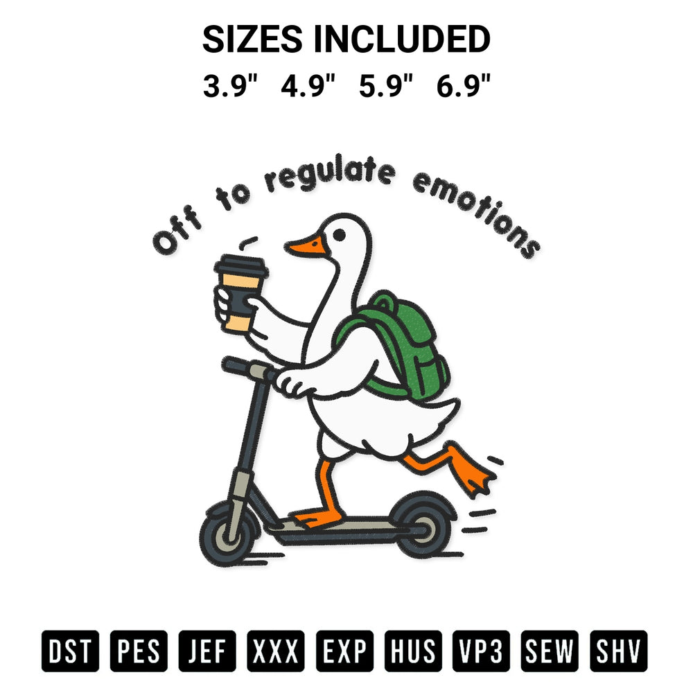 Get the Off To Regulate Emotions Embroidery Design embroidery design for your custom crafts! Premium digitized files available for instant download at Designspacks.com. Available sizes: 3.9", 4.9", 5.9", 6.9".