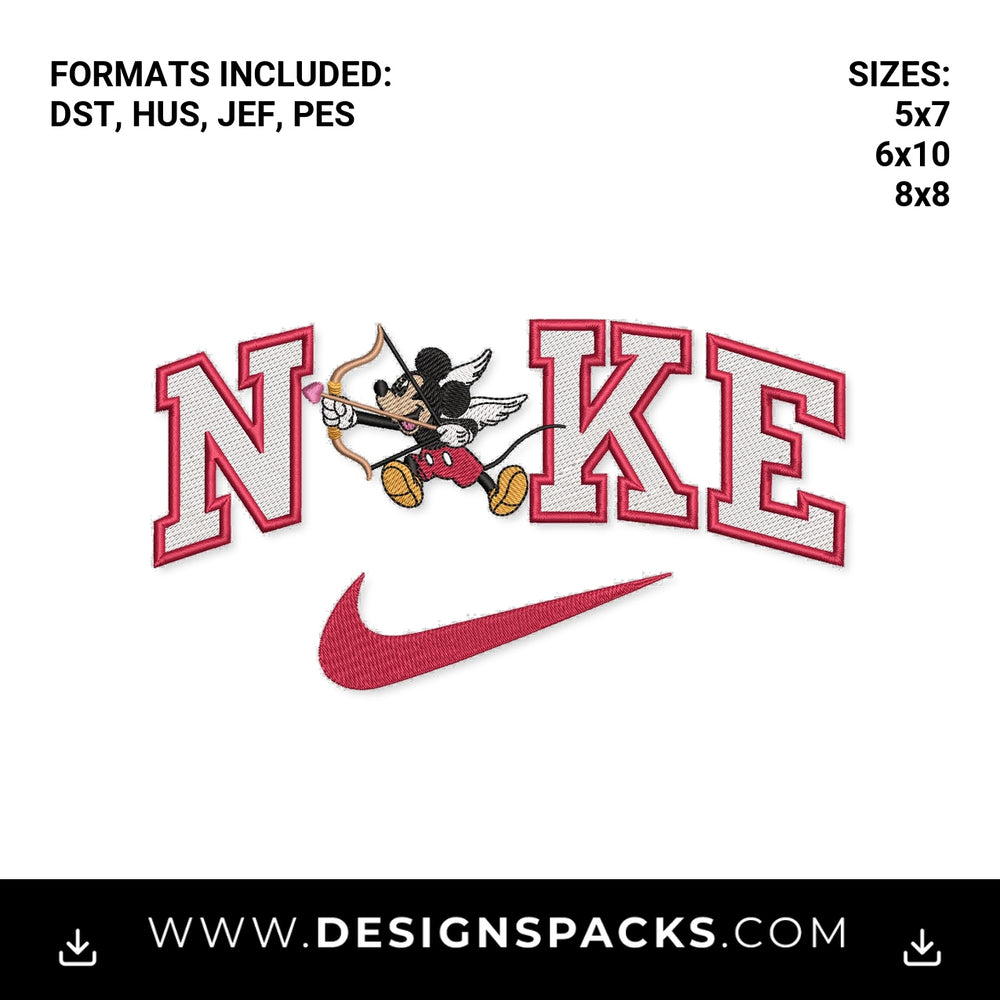 Cupid Mickey Mouse Valentine Swoosh Embroidery Design - Instant digital download pattern at Designspacks.com