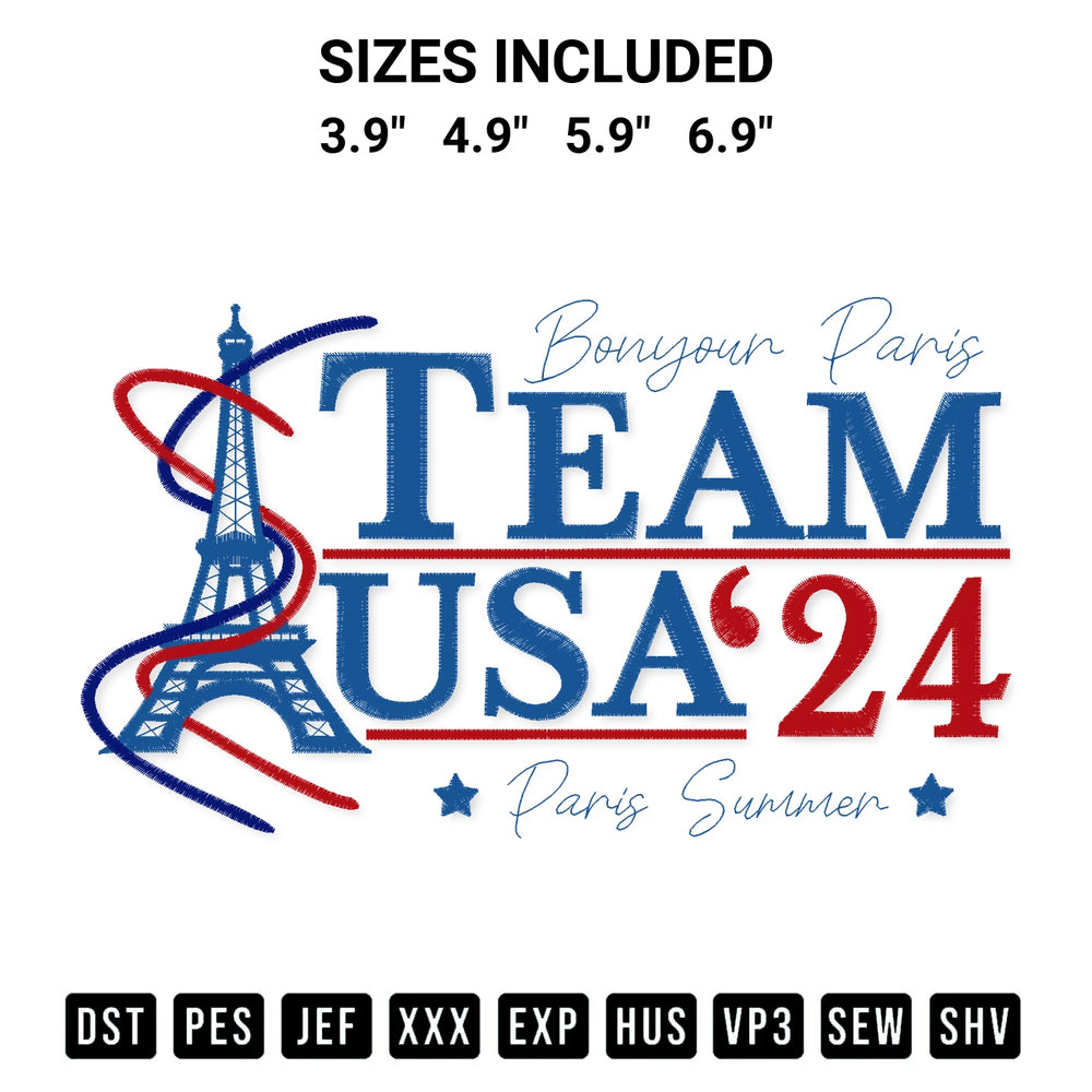 Elevate your next project with our Bonjour Paris Team Usa 24 Eiffel Tower Embroidery Design embroidery file. Shop high-quality digital patterns instantly at Designspacks.com. Available sizes: 3.9", 4.9", 5.9", 6.9".