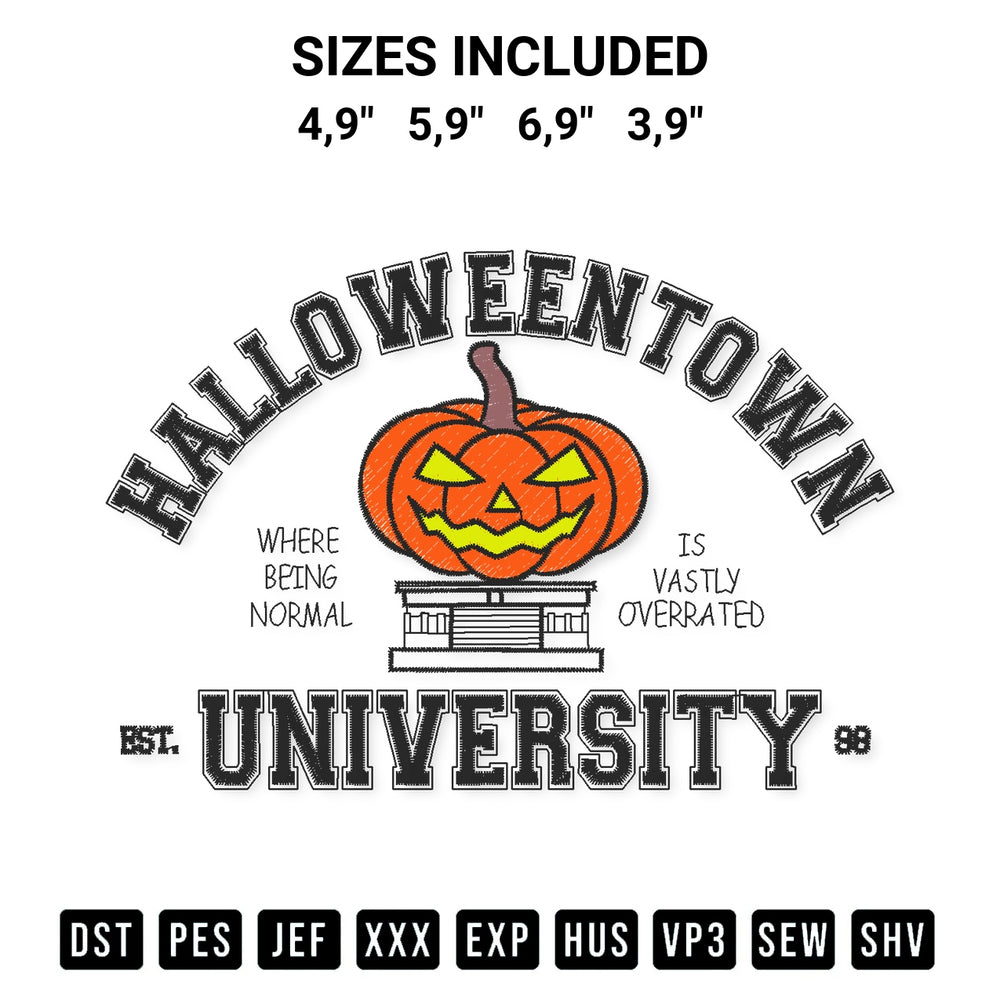 Discover the perfect addition to your crafting collection: Happy Halloweentown University Est. 1998 Halloween Pumpkin Logo Embroidery Design embroidery file. Instantly available at Designspacks.com. Available sizes: 4,9", 5,9", 6,9", 3,9".