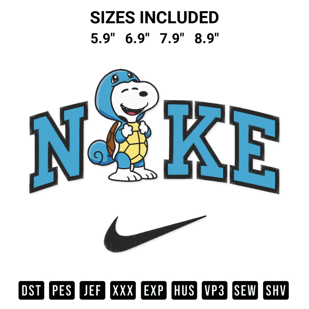 Create amazing crafts with the Snoopy Squirtle X Nike Embroidery Design embroidery file. High-quality digital download from Designspacks.com, perfect for beginners and pros. Available sizes: 5.9", 6.9", 7.9", 8.9".