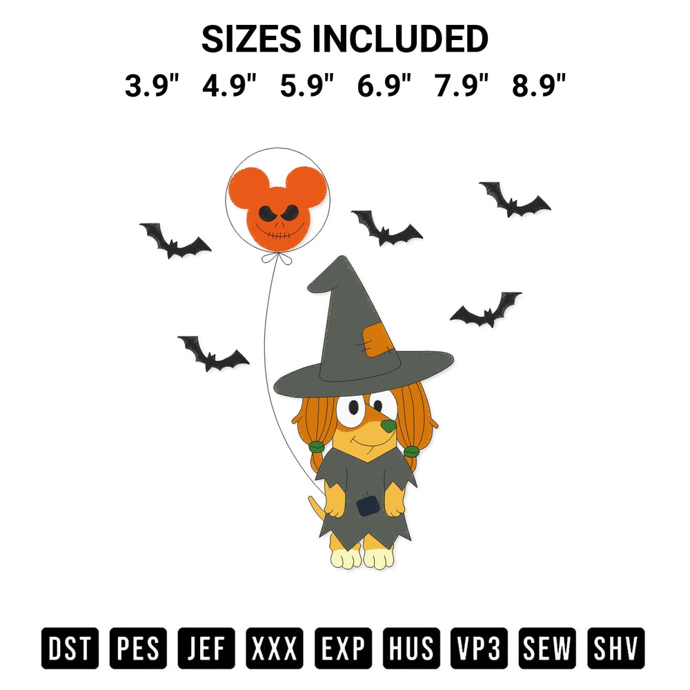 Add a unique touch to your apparel with the Bluey Indy Halloween Embroidery Design embroidery file. Premium instant download available now on Designspacks.com. Available sizes: 3.9", 4.9", 5.9", 6.9", 7.9", 8.9".