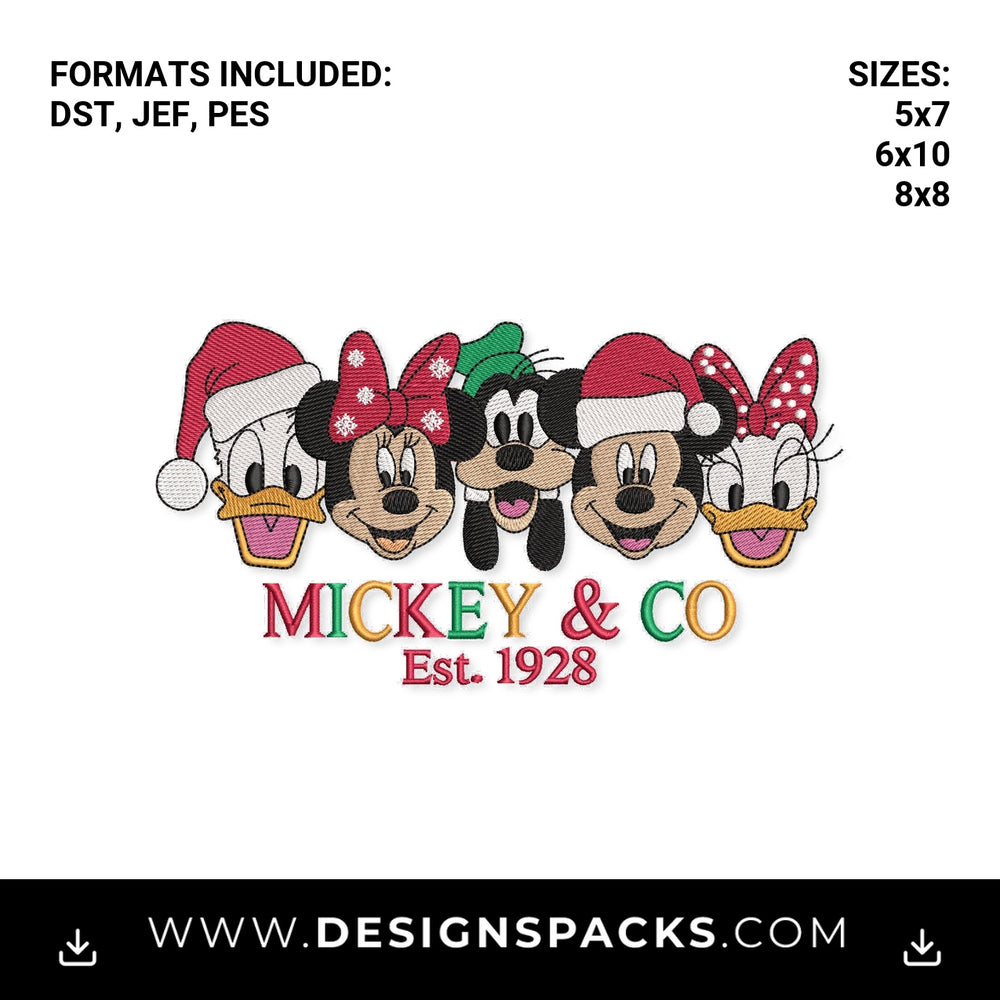 Mickey & Co Christmas Friends Est 1928 Embroidery Design - Instant digital download pattern at Designspacks.com