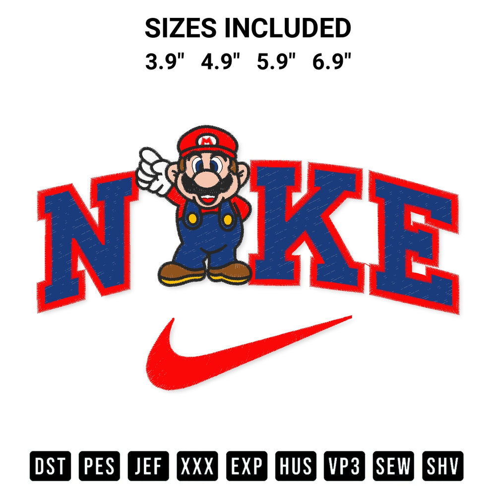 Shop the Nike Mario Embroidery Design machine embroidery pattern at Designspacks.com. Beautifully digitized for flawless stitching on any fabric. Available sizes: 3.9", 4.9", 5.9", 6.9".