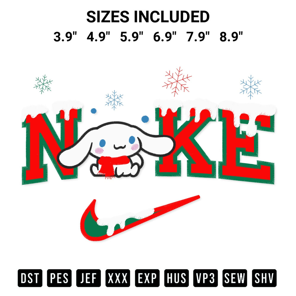 Transform your fabrics with the Nike Cinnamoroll Christmas Embroidery Design embroidery design. Instant access to premium digitized patterns at Designspacks.com. Available sizes: 3.9", 4.9", 5.9", 6.9", 7.9", 8.9".