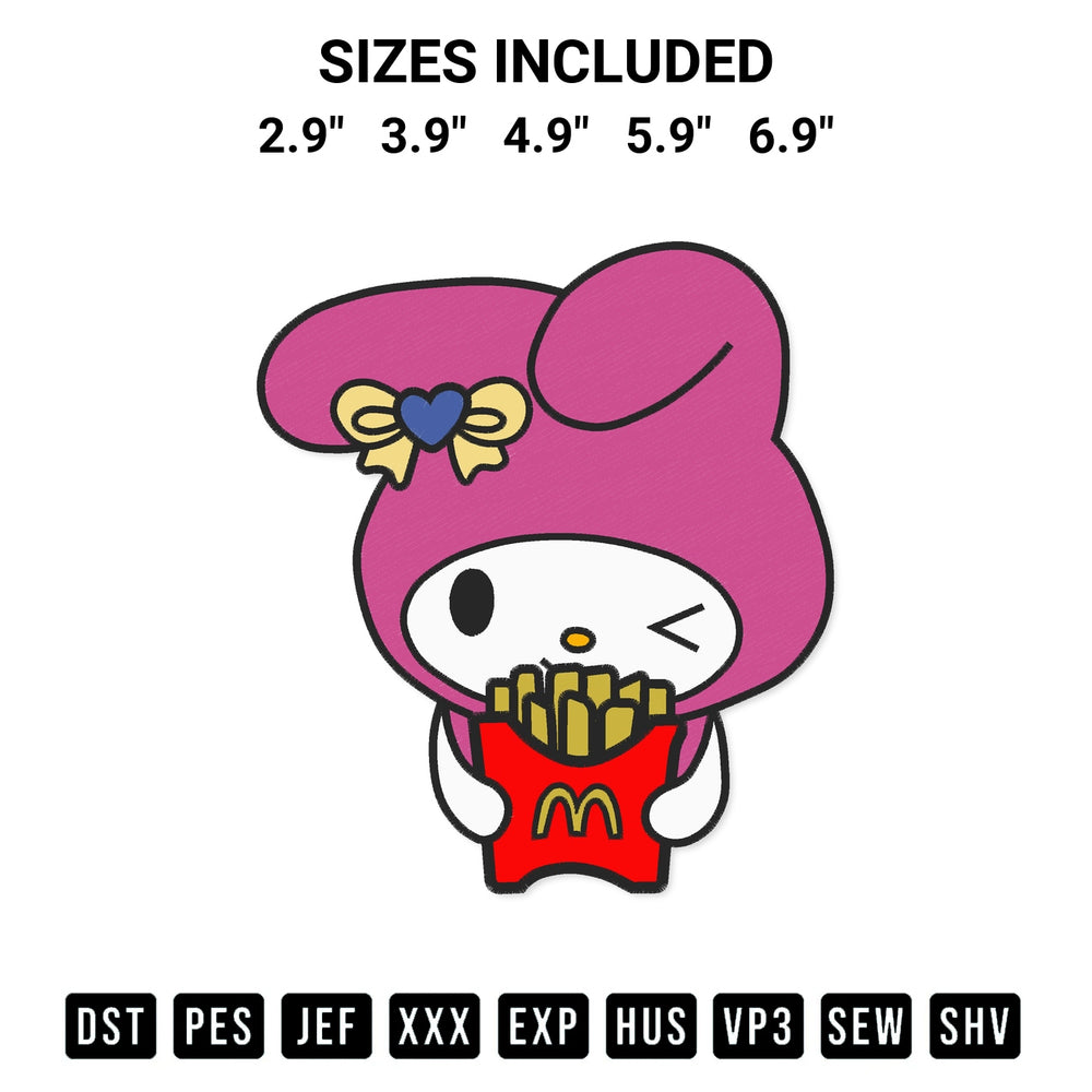 Create amazing crafts with the My Melody Mcdonalds Fries Embroidery Design embroidery file. High-quality digital download from Designspacks.com, perfect for beginners and pros. Available sizes: 2.9", 3.9", 4.9", 5.9", 6.9".