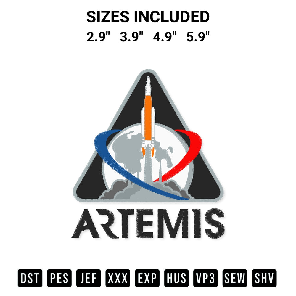Looking for the perfect pattern? Download the Artemis Nasa Space Mission Embroidery Design embroidery design today at Designspacks.com. Crisp, clean stitching guaranteed. Available sizes: 2.9", 3.9", 4.9", 5.9".