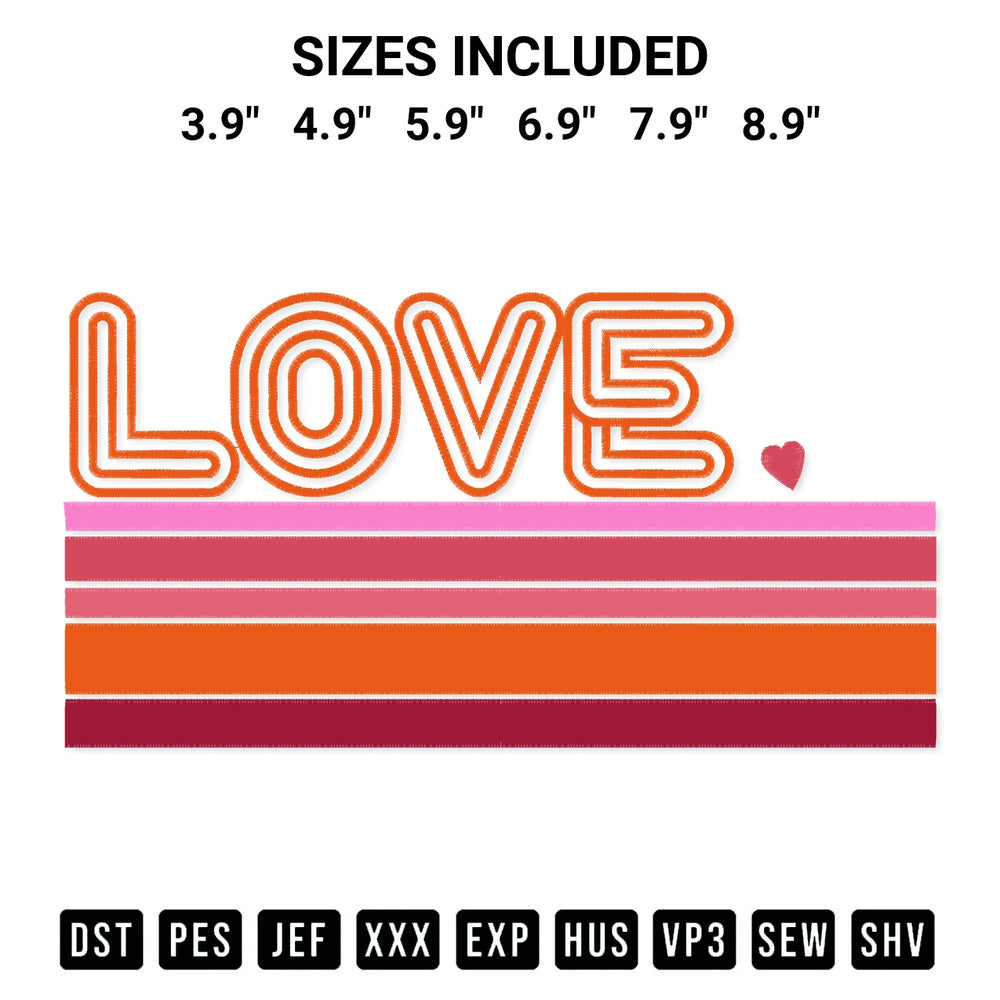 Stitch like a pro with the Retro Love Valentines Embroidery Design embroidery pattern from Designspacks.com. High-quality digital machine embroidery file. Available sizes: 3.9", 4.9", 5.9", 6.9", 7.9", 8.9".