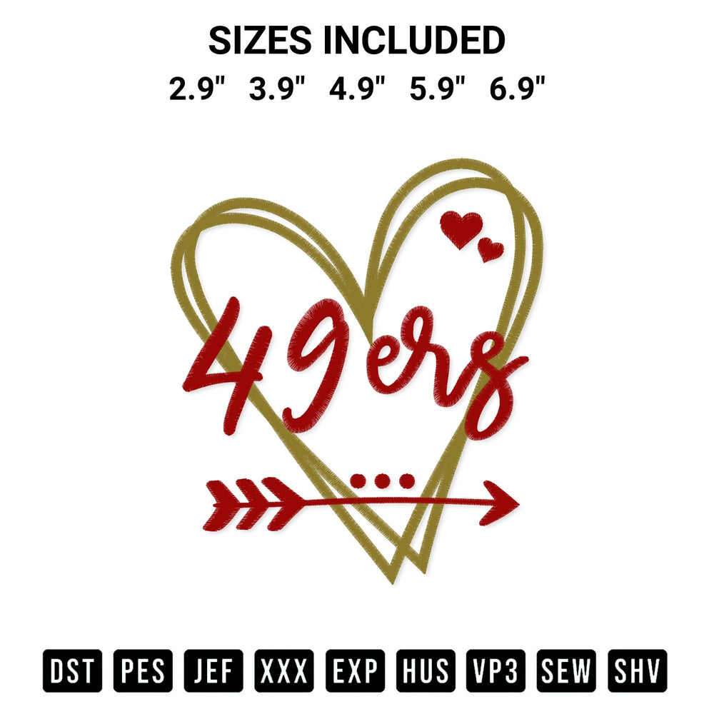 Elevate your next project with our San Francisco 49Ers Heart Embroidery Design embroidery file. Shop high-quality digital patterns instantly at Designspacks.com. Available sizes: 2.9", 3.9", 4.9", 5.9", 6.9".