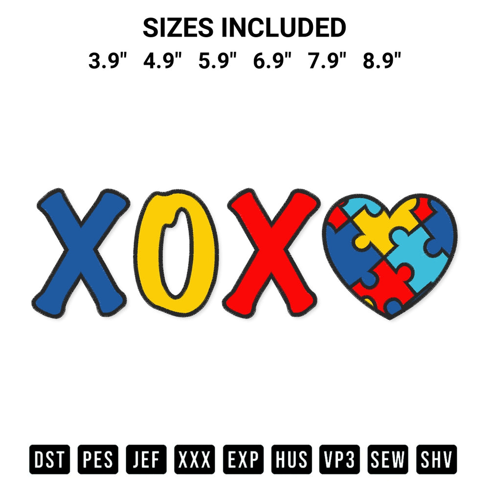 Discover the perfect addition to your crafting collection: Xoxo Autism Embroidery Design embroidery file. Instantly available at Designspacks.com. Available sizes: 3.9", 4.9", 5.9", 6.9", 7.9", 8.9".
