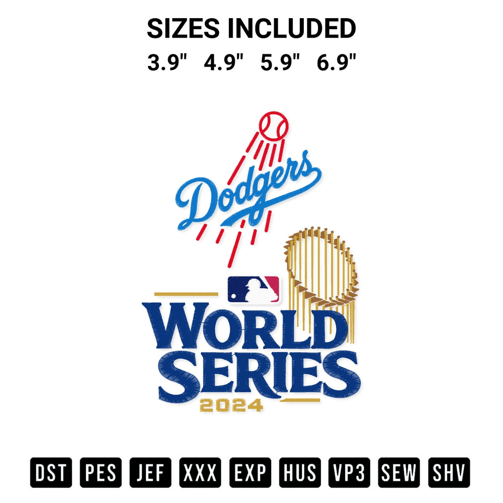 Get the World Series 2024 Los Angeles Dodgers Embroidery Design embroidery design for your custom crafts! Premium digitized files available for instant download at Designspacks.com. Available sizes: 3.9", 4.9", 5.9", 6.9".