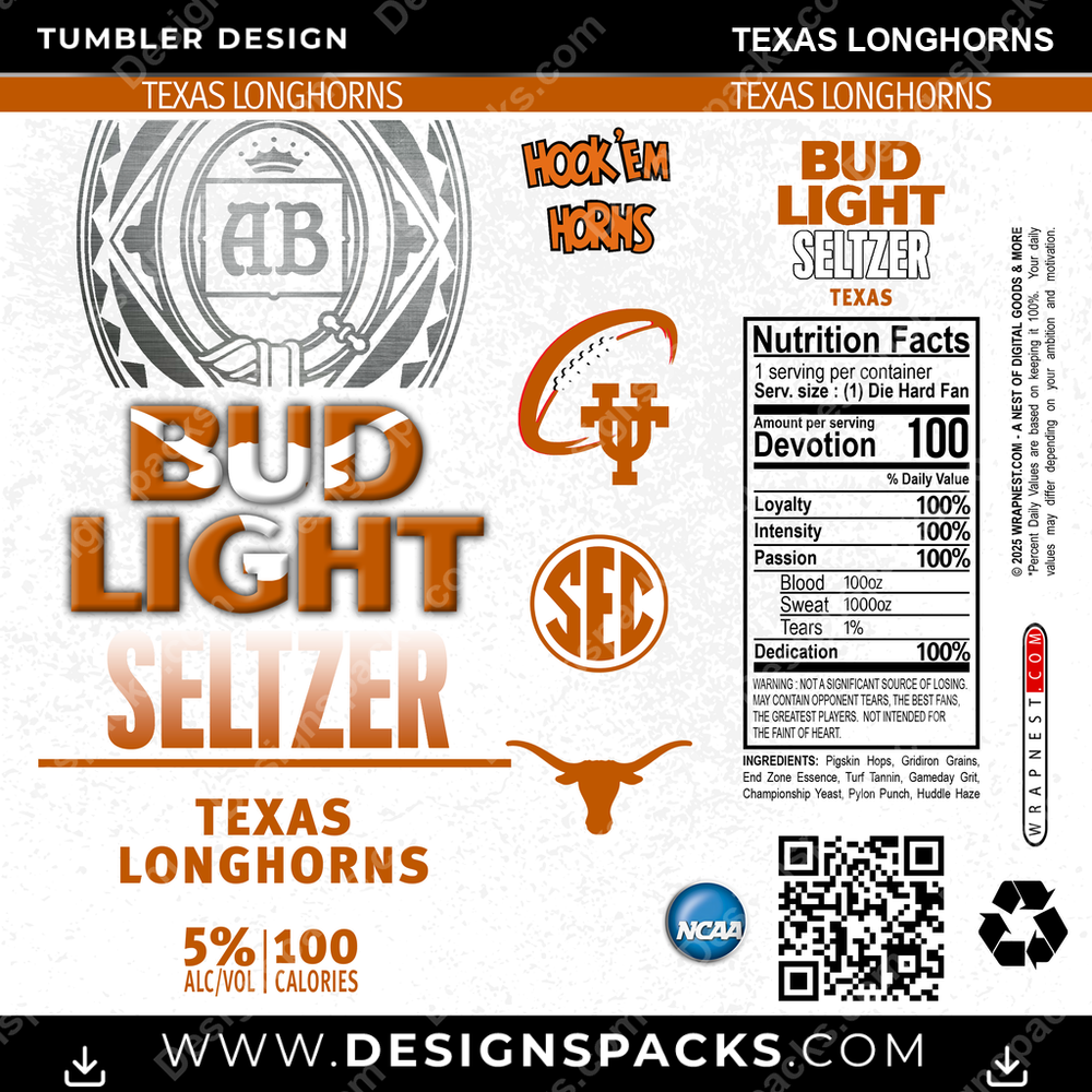 College Sport Bud Light Seltzer Texas Longhorns NCAA College Sport Tumbler Digital Wrap Design Download