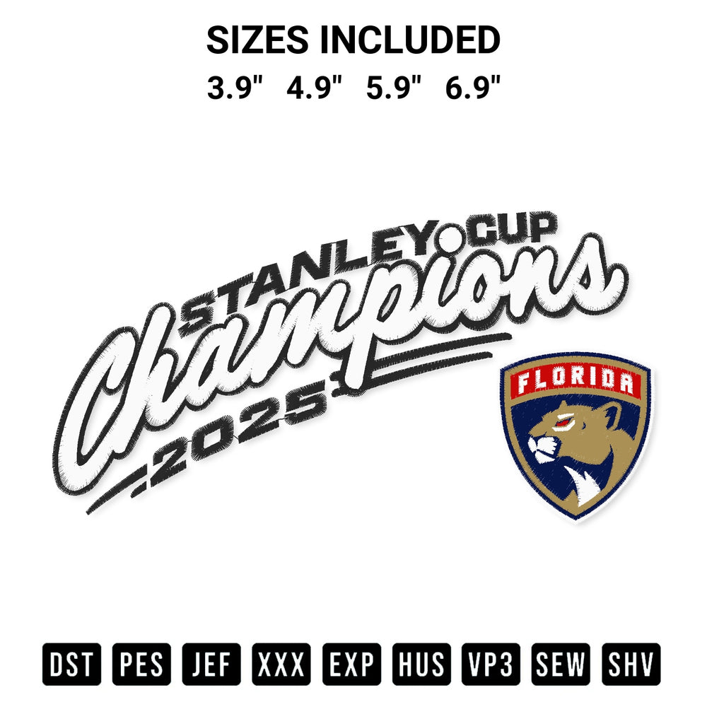 Create amazing crafts with the Florida Panthers 2025 Stanley Cup Champions Embroidery Design embroidery file. High-quality digital download from Designspacks.com, perfect for beginners and pros. Available sizes: 3.9", 4.9", 5.9", 6.9".